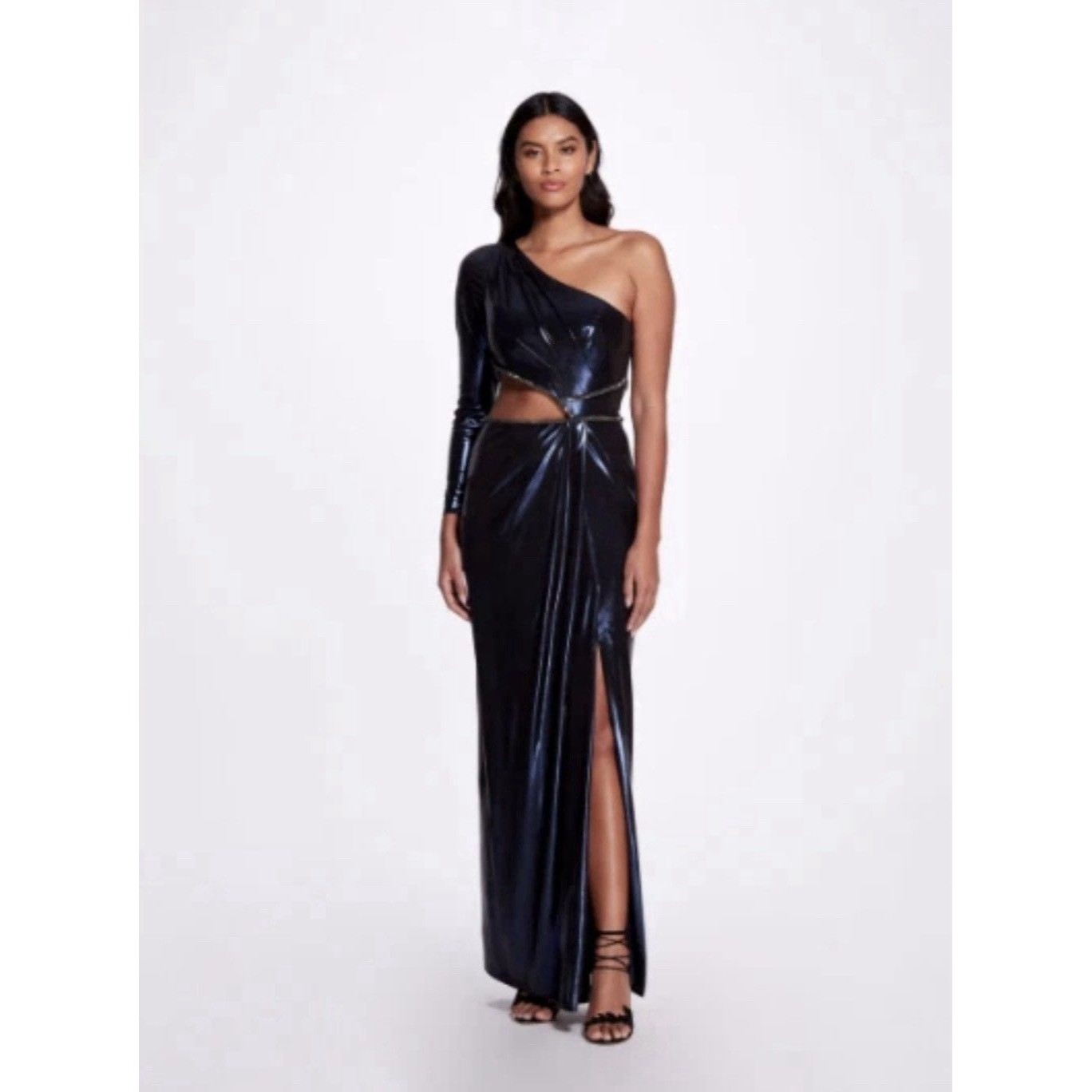 Marchesa Notte Navy Metallic One Shoulder Cutout Embellished Slit Maxi Gown 16